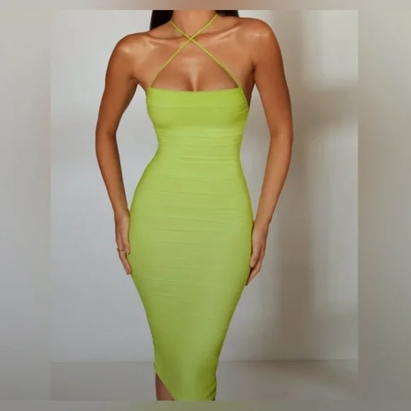 cross strap ruched dress BNWT Oh Polly Cutting Back Black Cross Strap Ruched Bodycon Mini Dress Size  8